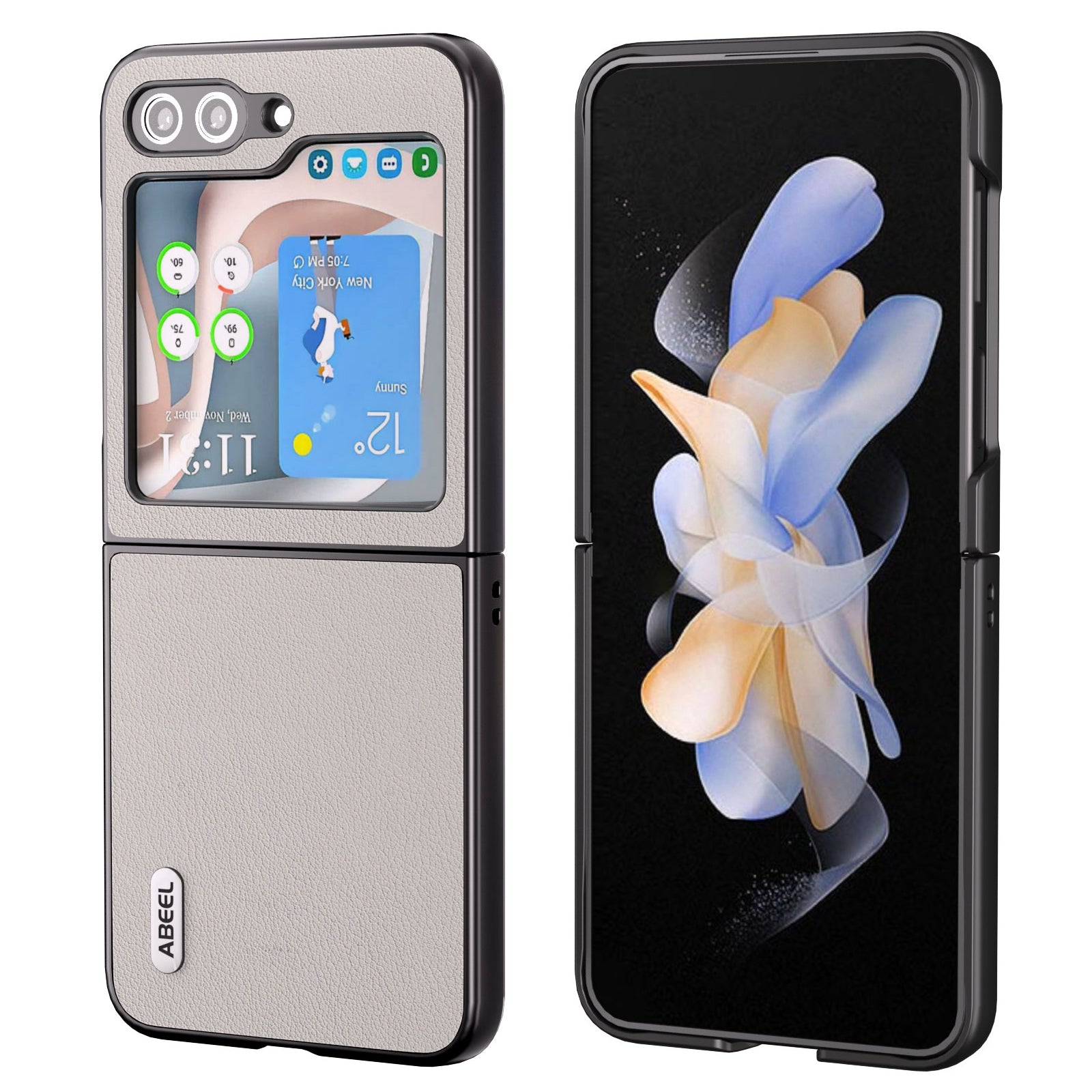 ABEEL For Galaxy Z Flip5 5G z pravé hovězí kůže, pevný kryt na PC, matný černý okraj, kryt na telefon ABEEL For Galaxy Z Flip5 5G z pravé hovězí kůže, pevný kryt na PC, matný černý okraj, kryt na telefon